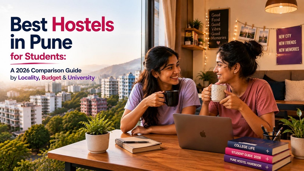 Banner showing two students sharing coffee at a hostel study table with a city view; text reads 'Best Hostels in Pune for Students: A 2026 Comparison Guide'.