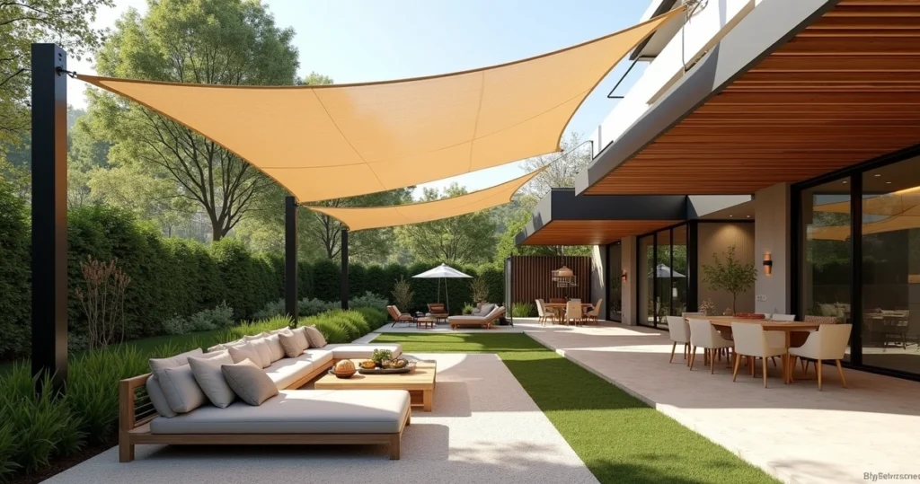 Modern backyard patio with beige shade sails, a wooden sectional sofa with light cushions, and a dining area under cover.